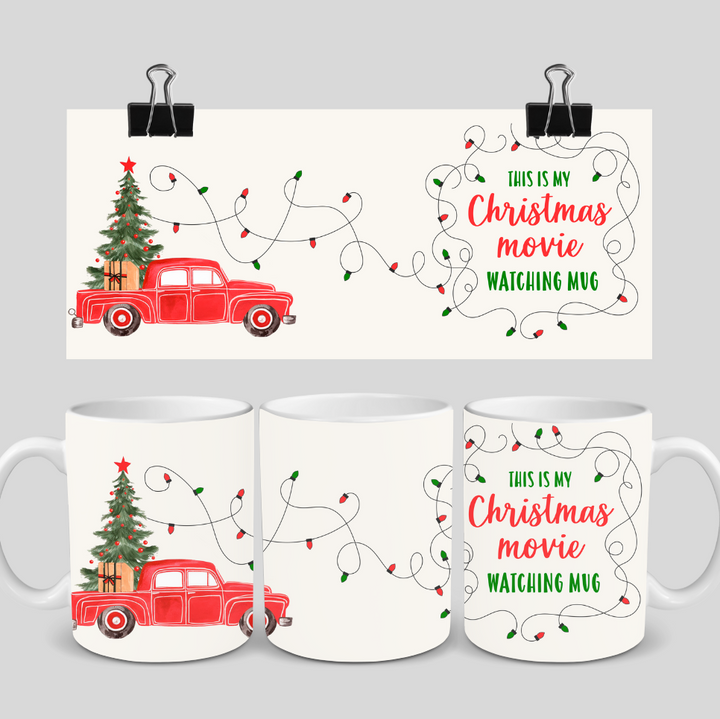 Christmas Movie Watching Mug with red car, Christmas tree, and fairy lights, 11oz ceramic, festive holiday cup