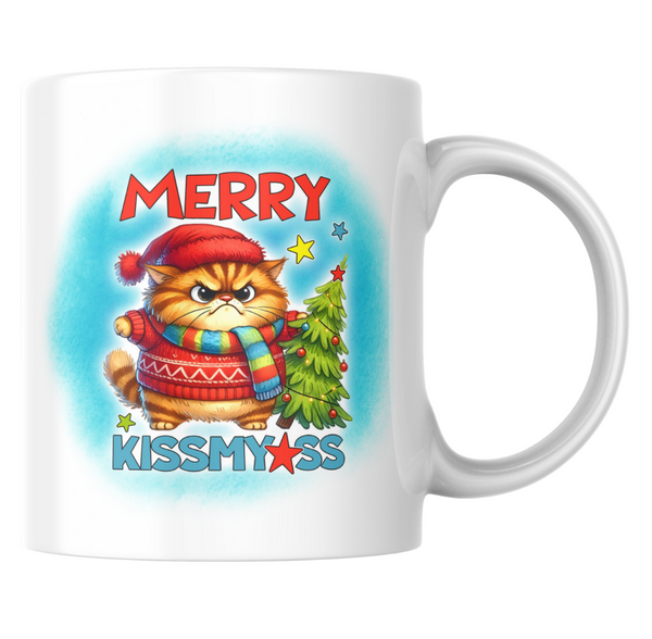 Sarcastic Christmas mug with grumpy cat and “Merry Kissmyass” text, 11oz ceramic, funny holiday cup
