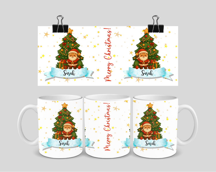 Personalised Christmas mug with Santa and Christmas tree, custom name, 11oz ceramic, festive gift