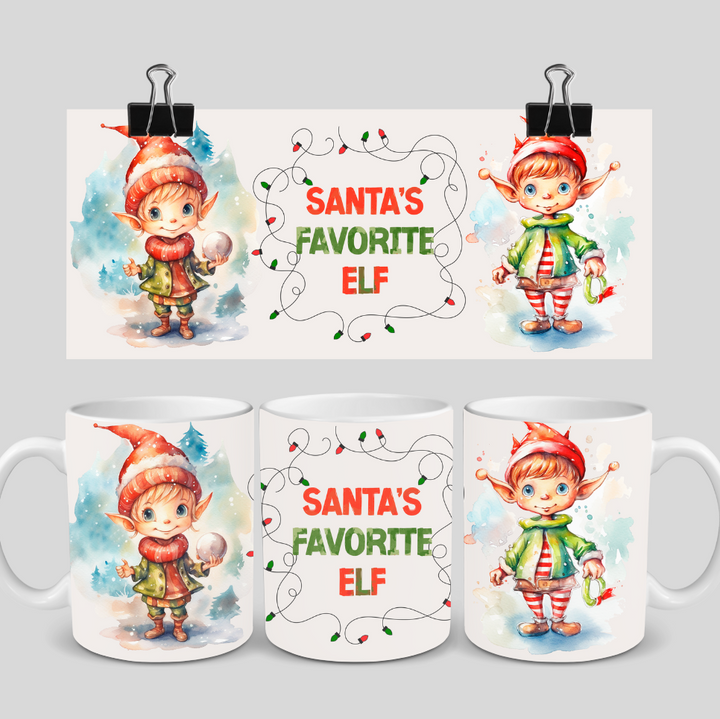 Santa's Favorite Elf Mug with cute Christmas elf design, 11oz ceramic, festive holiday cup