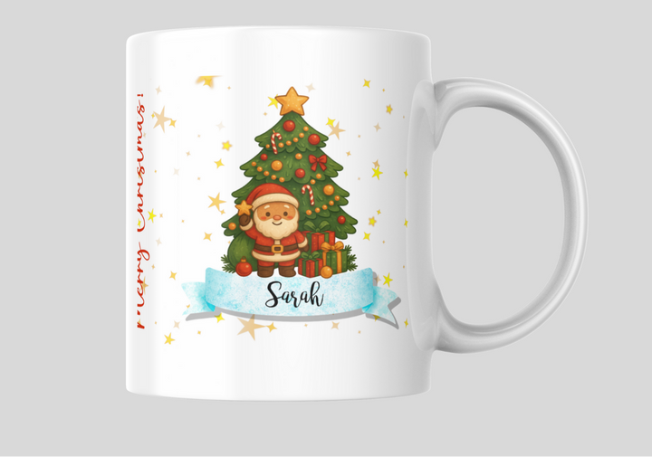 Personalised Christmas mug with Santa and Christmas tree, custom name, 11oz ceramic, festive gift