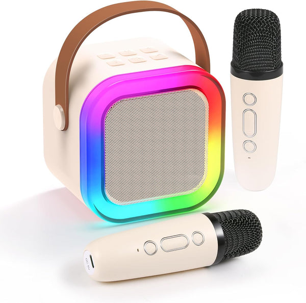 Karaoke Machine for Kids Adults, Mini Karaoke Machine with 2 Wireless Microphones, Portable Bluetooth Speaker with Voice Changing Effects & LED Lights