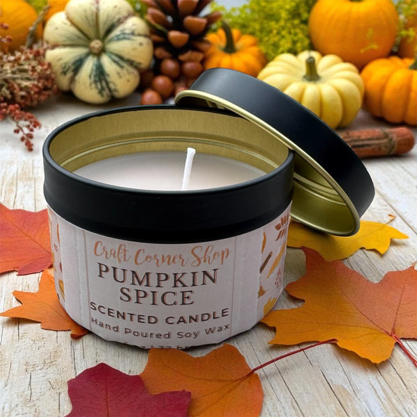 Pumpkin Spice Scented Candle – 4oz Hand Poured Soy Wax Tin | Autumn Home Fragrance | Craft Corner Shop