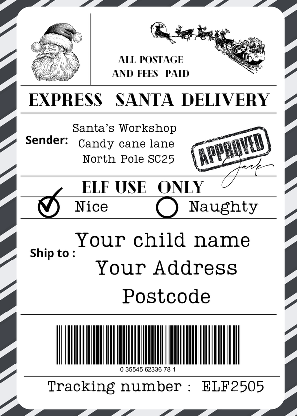 Personalised Santa shipping label – Express North Pole Delivery, custom name and address, 10x15 cm standard size, festive Christmas design