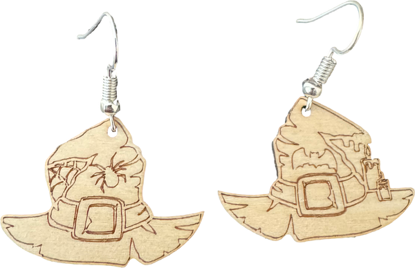 Witch Hat Wooden Halloween Earrings with Spider & Bat Detail
