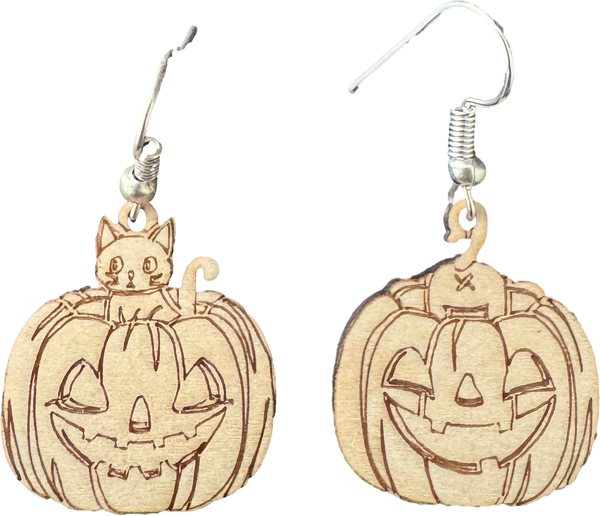 Pumpkin Cat Wooden Halloween Earrings - Laser Cut Jack O'Lantern Kitty Charms
