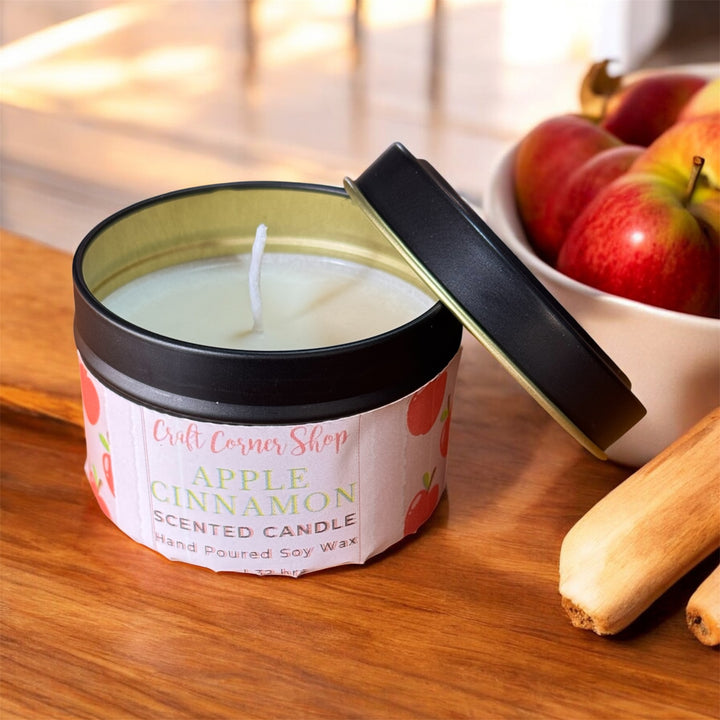 Apple cinnamon scented soy candle in black tin – Craft Corner Shop