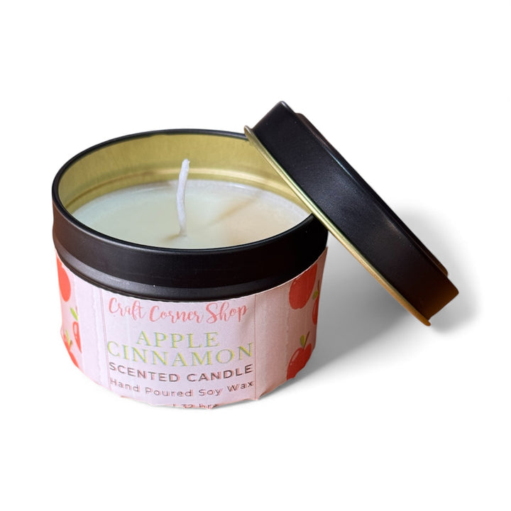 Apple cinnamon scented soy candle in black tin – Craft Corner Shop