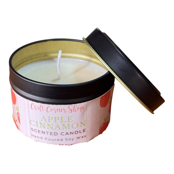 Apple cinnamon scented soy candle in black tin – Craft Corner Shop