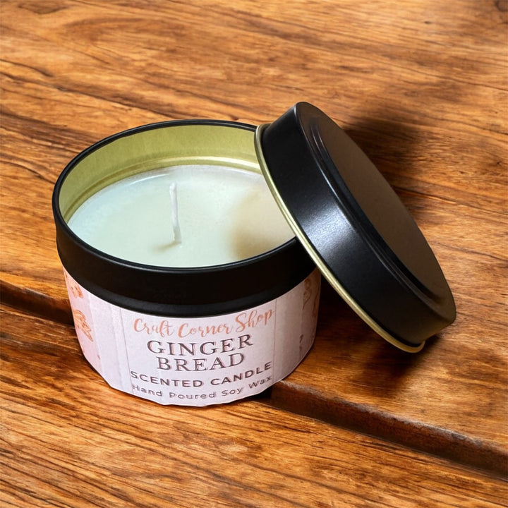 Gingerbread scented soy candle in black tin – Craft Corner Shop