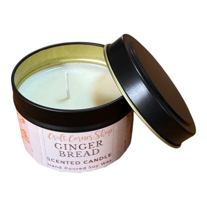 Gingerbread scented soy candle in black tin – Craft Corner Shop