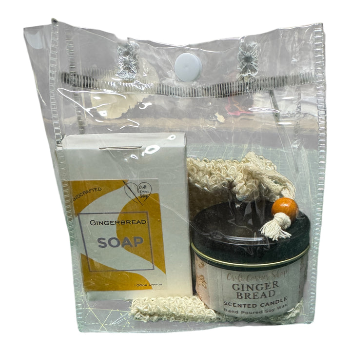 Gingerbread Scent Gift Set – Includes 100g gingerbread soap, 4oz soy candle, natural sisal soap bag, and clear reusable gift pouch. Handmade by Craft Corner.
