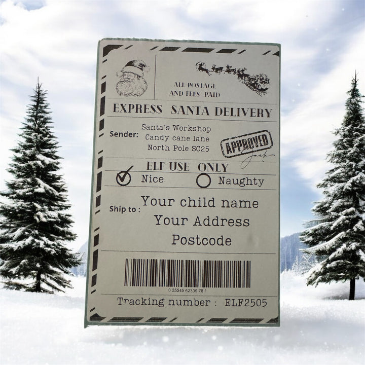Personalised Santa shipping label – Express North Pole Delivery, custom name and address, 10x15 cm standard size, festive Christmas design
