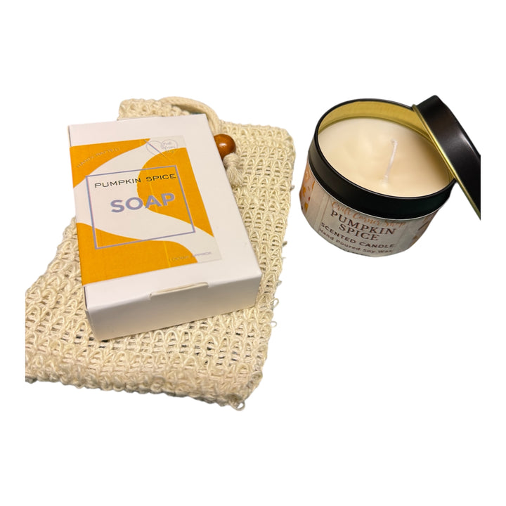 Pumpkin Spice Scent Gift Set – Includes 100g pumpkin spice soap, 4oz soy candle, natural sisal soap bag, and clear reusable gift pouch. Handmade by Craft Corner.