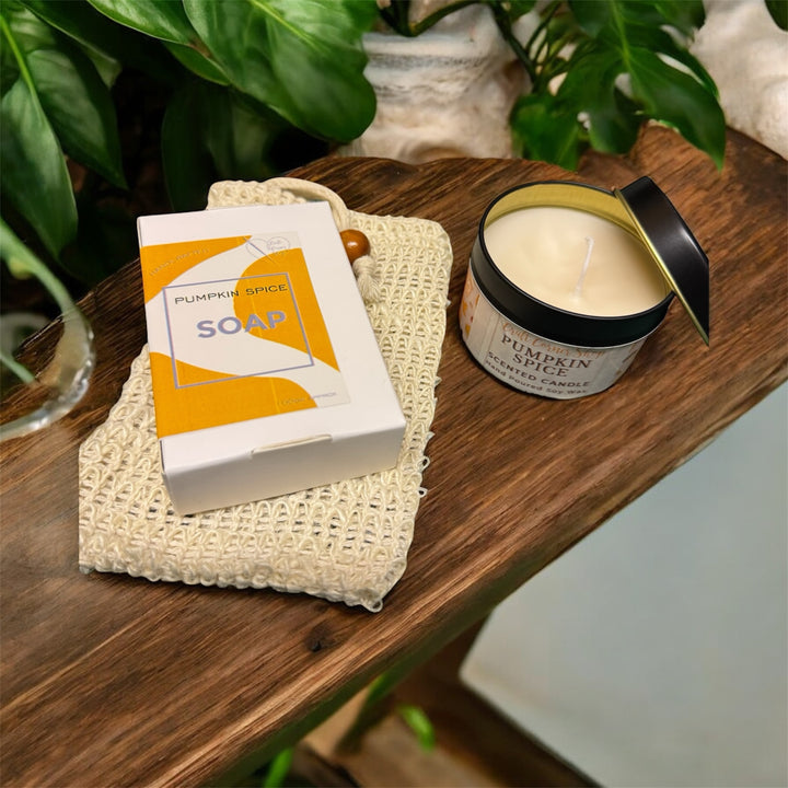 Pumpkin Spice Scent Gift Set – Includes 100g pumpkin spice soap, 4oz soy candle, natural sisal soap bag, and clear reusable gift pouch. Handmade by Craft Corner.