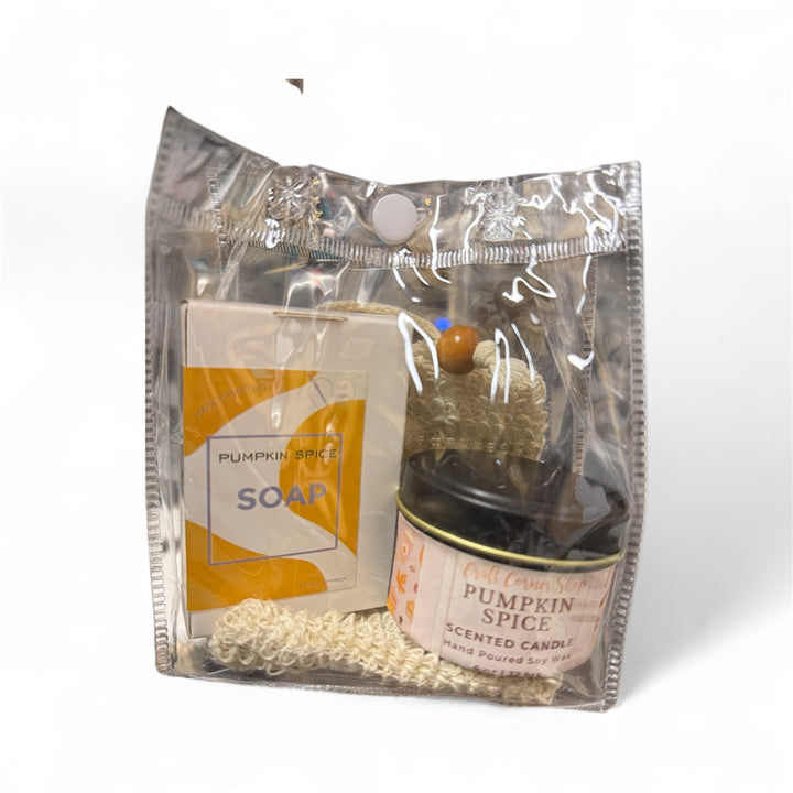 Pumpkin Spice Scent Gift Set – Includes 100g pumpkin spice soap, 4oz soy candle, natural sisal soap bag, and clear reusable gift pouch. Handmade by Craft Corner.