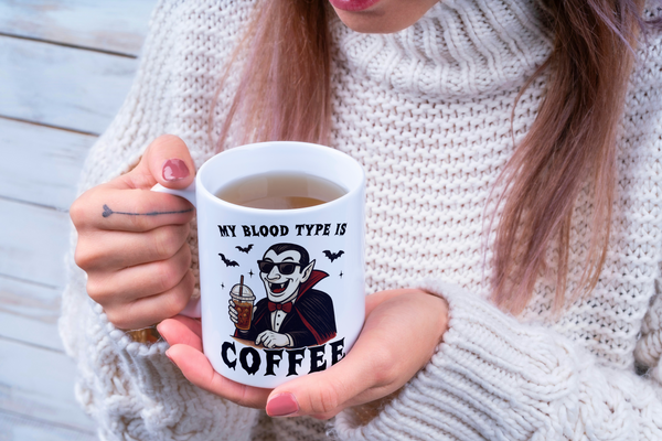 “My Blood Type is Coffee” Funny Vampire Halloween Mug