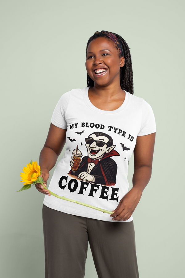 "My Blood Type is Coffee" Vampire Graphic Tee Halloween
