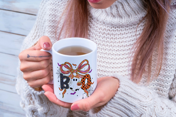 “BOO” Cute Halloween Ghost & Bow Mug – 11oz White Ceramic