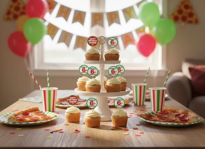 Personalised pizza cupcake toppers on cupcakes at a kids pizza-themed birthday party table with pizza, cups and balloons in the background
