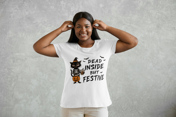 “Dead Inside But Festive” Funny Halloween Cat T-Shirt