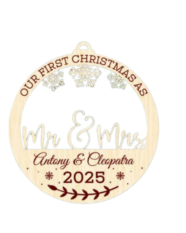 Personalised wooden “Our First Christmas as Mr & Mrs” ornament with names and year – Craft Corner Shop