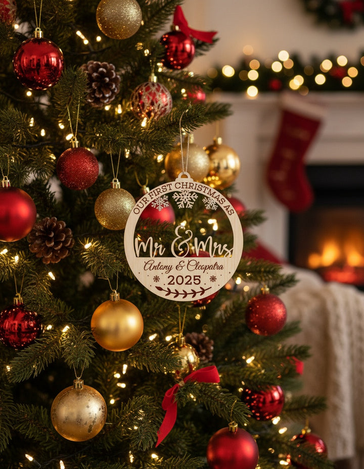 Personalised wooden “Our First Christmas as Mr & Mrs” ornament with names and year – Craft Corner Shop