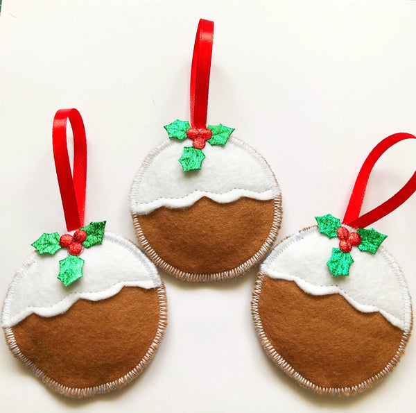 Handmade Felt Christmas Pudding Ornaments - Set of 3 Festive Decorations