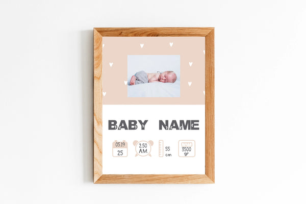 Personalised Baby Birth Stats Frame | Nursery Wall Art & Baby Announcement