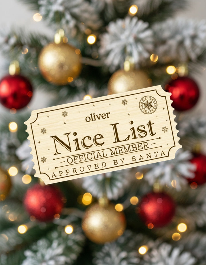 Personalised wooden Nice List Ticket engraved with child’s name – Craft Corner Shop