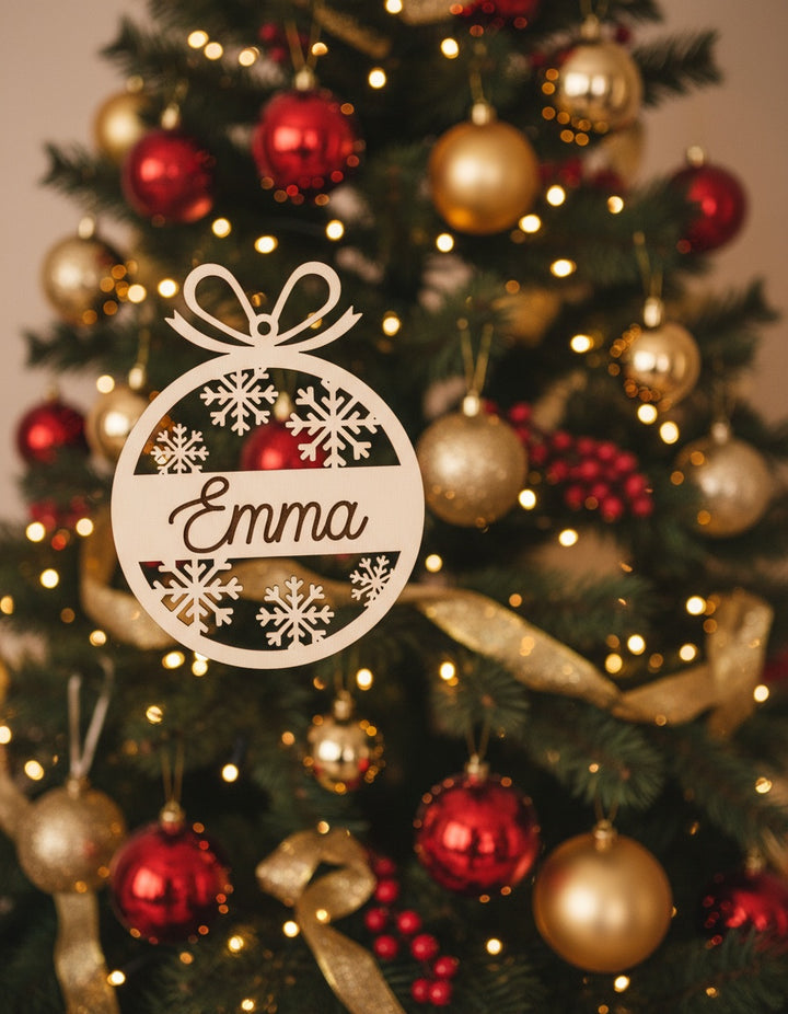 Personalised wooden Christmas bauble ornament with snowflakes and custom name – Craft Corner Shop