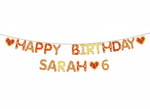 Personalised pizza birthday banner made from card with 15cm letters and string, laid out on a white background