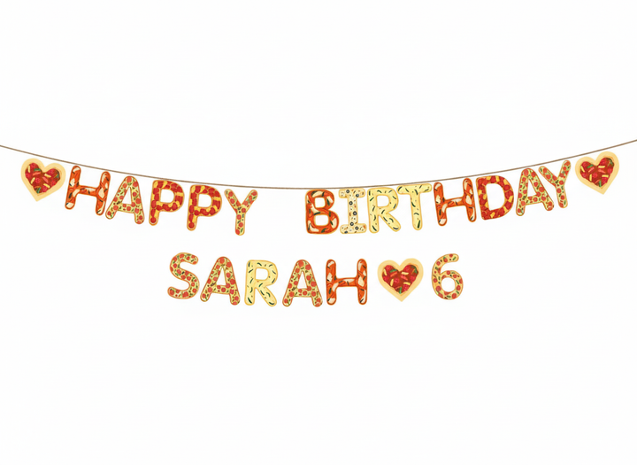 Personalised pizza birthday banner made from card with 15cm letters and string, laid out on a white background