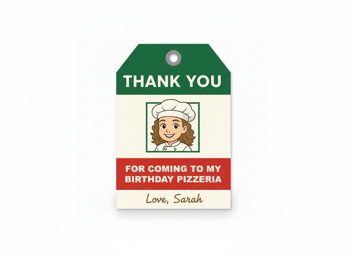 Personalised pizza party thank you tag with green and red design, cartoon chef and text thank you for coming to my birthday pizzeria, love Sarah on white background
