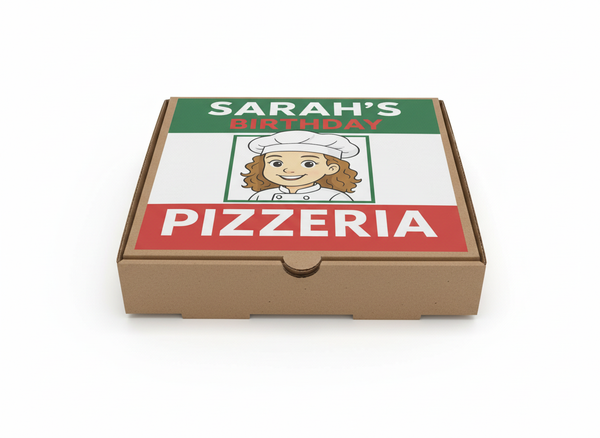 Personalised pizza party box with Sarah’s Birthday Pizzeria design on a brown cardboard pizza-style box on a white background