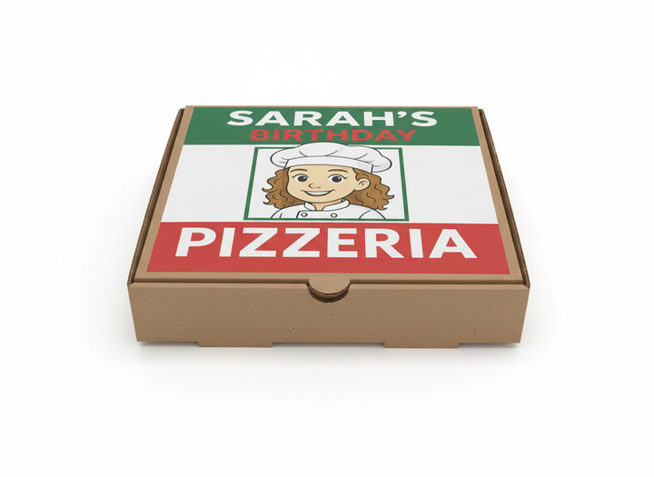 Personalised pizza party box with Sarah’s Birthday Pizzeria design on a brown cardboard pizza-style box on a white background