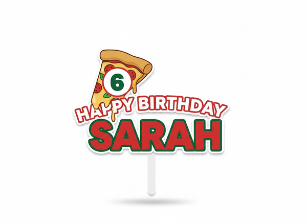 Personalised pizza party cake topper design without stick, pizza slice with age and Happy Birthday name text on white background