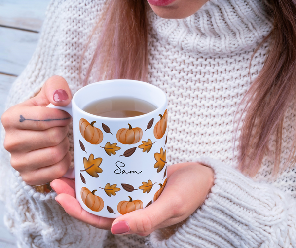 Personalised Pumpkin & Autumn Leaves Mug – 11oz White Ceramic