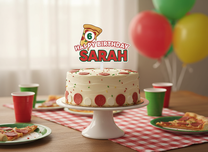 Personalised pizza party cake topper with name and age on top of a birthday cake at a kids pizza-themed party

