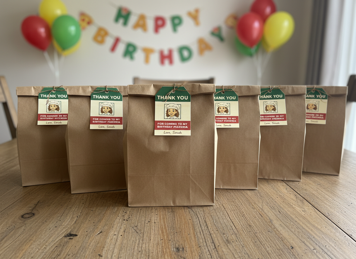 Brown paper party bags with personalised pizza birthday thank you tags on a table, with balloons and a pizza-themed banner in the background