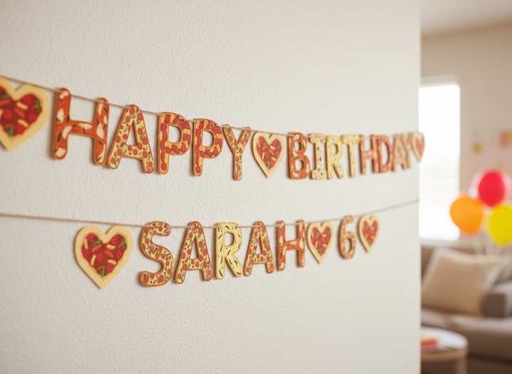 Close-up of a personalised pizza birthday banner made from card, hanging on a wall with balloons in the background
