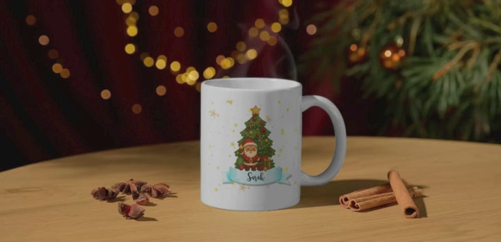 Personalised Christmas mug with Santa and Christmas tree, custom name, 11oz ceramic, festive gift
