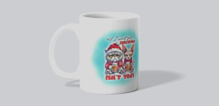 Sarcastic Christmas mug with two grumpy cats in festive sweaters and “All I want for Christmas isn’t you” text, 11oz ceramic, funny holiday cup