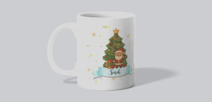 Personalised Christmas mug with Santa and Christmas tree, custom name, 11oz ceramic, festive gift