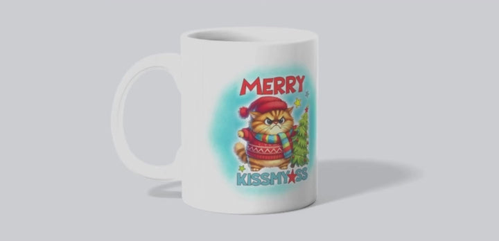 Sarcastic Christmas mug with grumpy cat and “Merry Kissmyass” text, 11oz ceramic, funny holiday cup