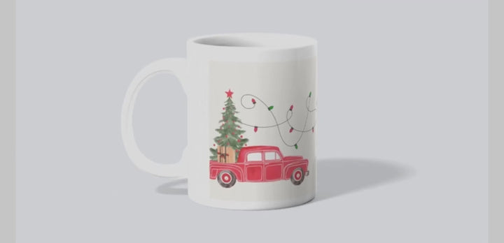Christmas Movie Watching Mug with red car, Christmas tree, and fairy lights, 11oz ceramic, festive holiday cup