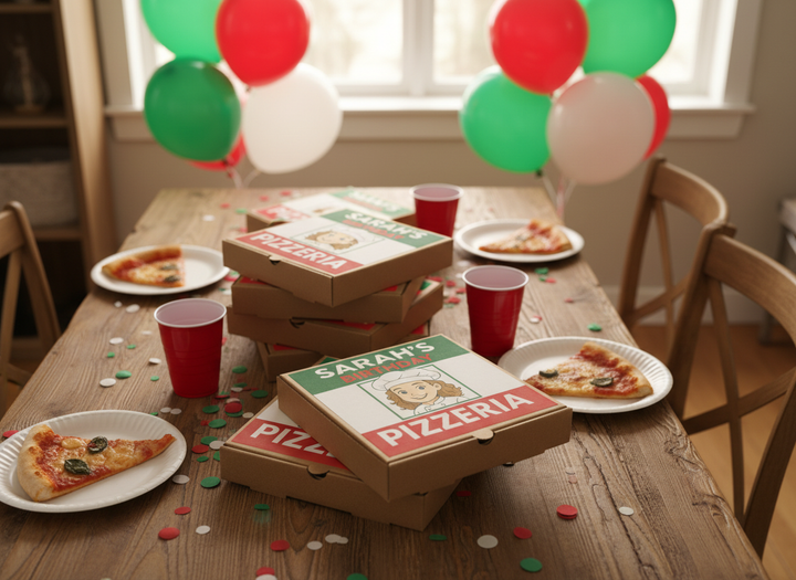 Stack of personalised pizza party boxes with Sarah’s Birthday Pizzeria design on a wooden table with pizza-themed party decorations